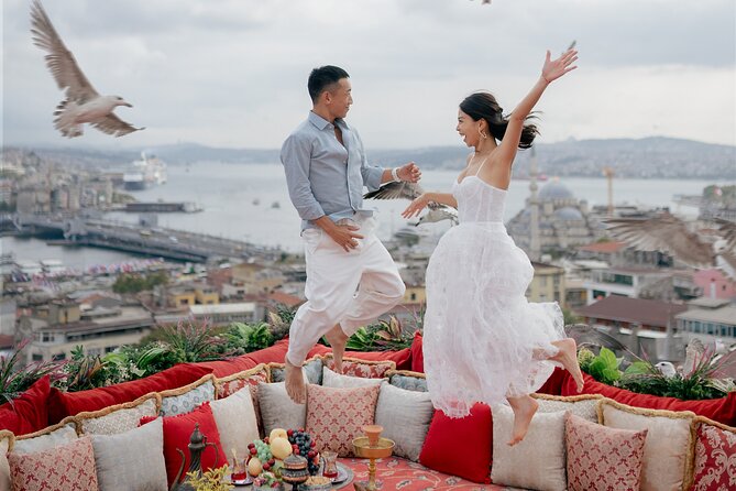 Rooftop Photoshoot in Istanbul - The indoor-style portrait moment: Turkish carpet, lanterns, and seagulls
